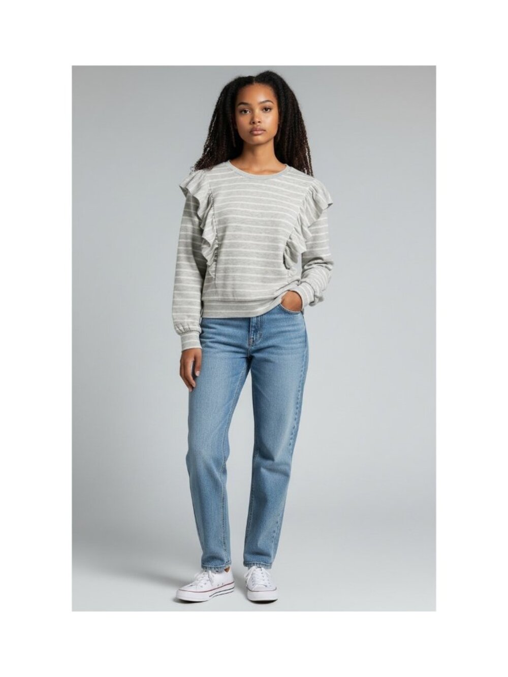 Express Gray Striped Ruffle Crewneck Sweatshirt Women's Size S NEW